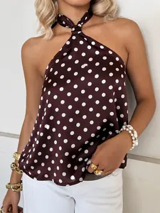 Women's Sexy Halter Top Polka Dot Printed Sleeveless Satin Finish Polyester Camisole Summer Backless Clubwear Top