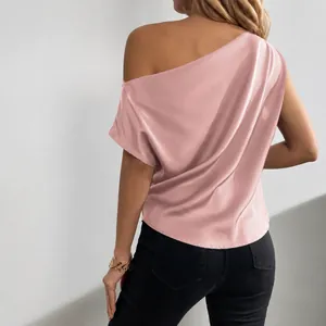Elegant pink satin off-the-shoulder sleeveless top with asymmetrical neckline for women