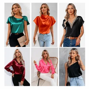 Elegante einfarbige Satin-Imitationsseidenhemden für Damen in verschiedenen modischen Schnitten