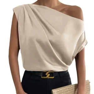 Elegant champagne satin asymmetrical off-shoulder sleeveless blouse top for stylish women