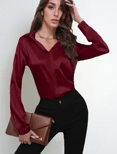 Elegant burgundy long sleeve satin shirt for women in a professional commuter style