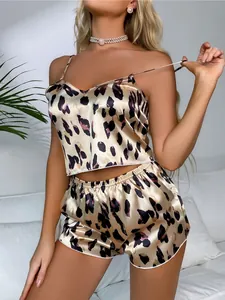 Elegant two-piece leopard print satin camisole and shorts pajama set for women