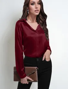 Elegant burgundy long-sleeved satin blouse with a silky texture for professional wear.
