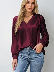 Camicetta da Donna in Raso con Scollo a V a Maniche Lunghe con Pieghe Top Casual Tinta Unita Camicia da Pendolare