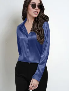 Detailed view of an elegant blue satin long-sleeve blouse with a smooth, glossy finish.