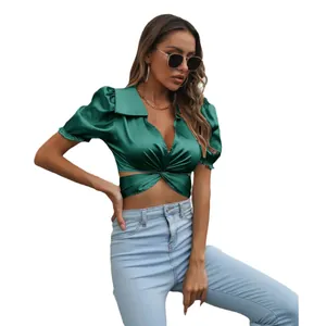 Elegant dark green satin puff sleeve crop top with doll collar and twist front design