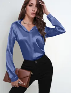 Elegant blue satin long-sleeved shirt with a single button detail and smooth silk texture