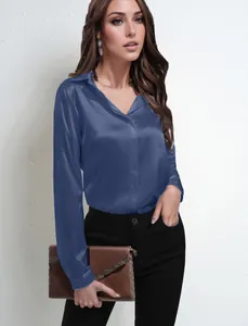 Elegant long-sleeved satin blouse in slate blue, featuring a classic V-neck and relaxed fit.