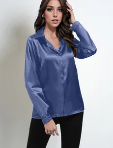Elegant deep blue satin long sleeve shirt for women's professional office commute