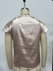 Back view of a champagne satin short-sleeved top for women, imitation silk material.
