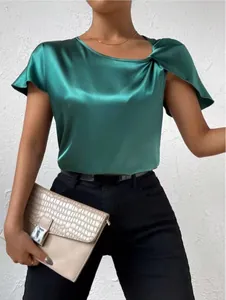 Elegant emerald green satin short sleeve top featuring unique shoulder twist knot detail