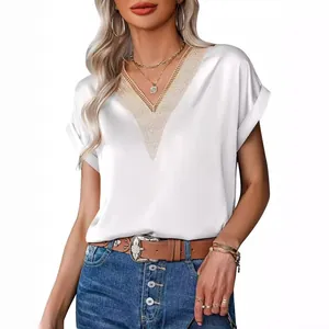 Eleganter Satin-V-Ausschnitt Kurzarmtop für Damen mit feinen Spitzenbesatzdetails