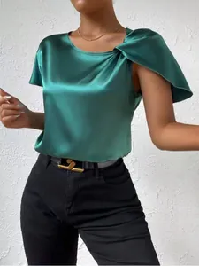 Elegant emerald green satin short sleeve top featuring a chic twisted shoulder knot detail