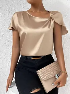Elegant champagne satin blouse with a sophisticated twisted shoulder detail for women
