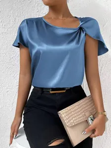 Elegant blue satin blouse featuring a stylish shoulder twist knot and flutter sleeves