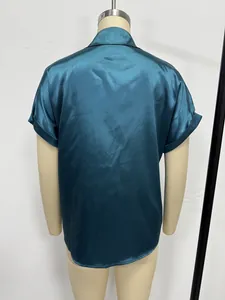 Back view of a minimalist casual loose women's satin short-sleeve shirt in deep teal color