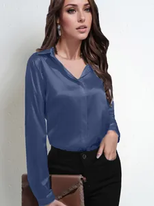Elegant blue satin long sleeve button-up shirt for professional women's business wear