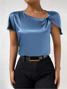 Detailed macro view of blue satin short sleeve top with elegant twist shoulder design