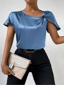 Elegant blue satin short sleeve top with shoulder twist detail worn by a model.