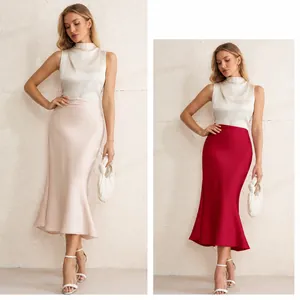 Jupe midi sirène en satin élégante à taille haute en champagne et rouge vin pour femme