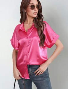 Casual loose pink satin short-sleeve button-down shirt for women in a street style