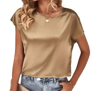 Elegante goldene Satinbluse für Damen mit Rundhalsausschnitt und Fledermausärmeln
