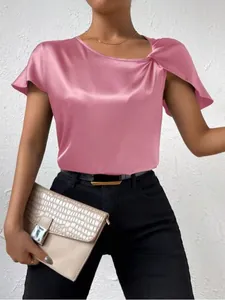 Elegant pink satin short sleeve blouse with a unique twist knot shoulder design for women