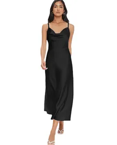 Full body view of an elegant black satin camisole dress with V-neck and slim fit