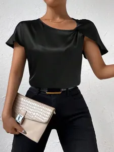 Elegant black satin top featuring a unique twisted shoulder knot detail and smooth finish