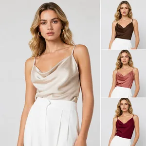 Canotta da Donna in Satén con Scollo ad Anello Elegante Spalline Sottili in Poliestere Tinta Unita Sexy Senza Maniche Top