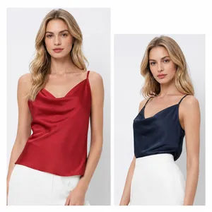 Eleganti canotte in raso con scollo a cappuccio da donna in rosso e blu navy versatili