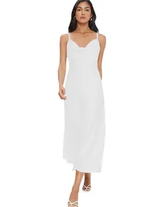 Elegant white satin slip midi dress with a cowl neck and thin spaghetti straps