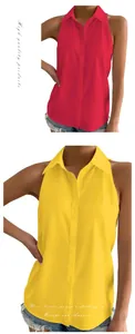Dettaglio della camicia senza maniche in raso per donna nei colori rosso e giallo