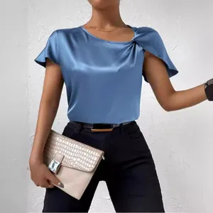 Elegant blue satin short sleeve top featuring shoulder knot detail and loose fit for women