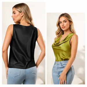 Débardeur élégant en satin à col bénitier pour femme en noir et vert olive