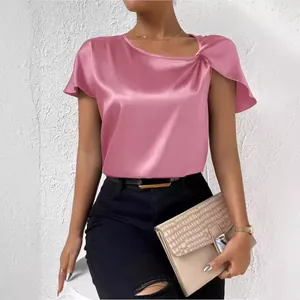 Elegant women's pink satin short sleeve top with a stylish twisted neck detail