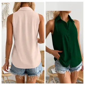 Elegante camicia senza maniche in raso da donna rosa e verde, vista fronte e retro