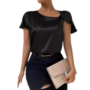 Elegant black satin short sleeve blouse with twist shoulder detail for women's summer wear