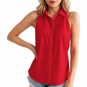 Camicia senza maniche in raso rosso acceso da donna, camicetta casual estiva con colletto