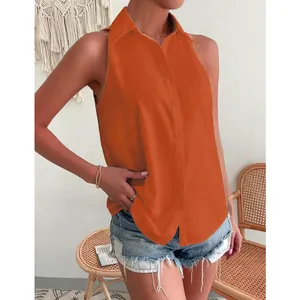 Elegante camicetta senza maniche in raso arancione per donna, stile casual da ufficio