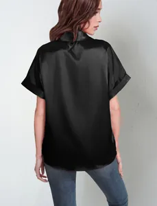 Back view of a loose black satin short-sleeved blouse with a silky finish