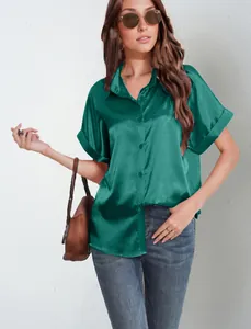 Casual green satin short-sleeve button-down shirt for women in a relaxed fit silhouette