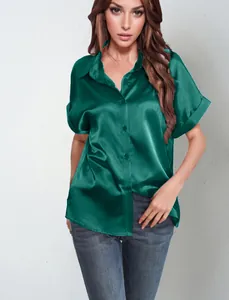 Women's elegant emerald green satin short sleeve button-down blouse in relaxed fit