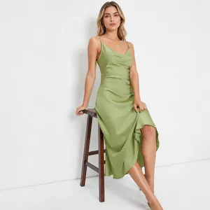 Elegant sage green satin camisole midi dress with cowl neck and slim fit for summer
