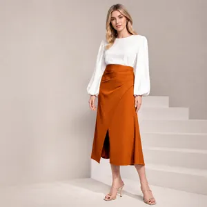Elegant burnt orange high-waisted satin midi skirt with pleats and front slit detail