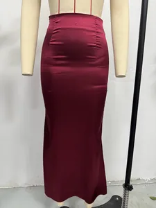 Elegant wine red satin maxi skirt with high waist and fishtail silhouette for women