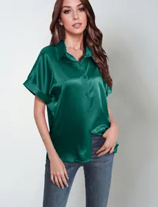 Elegant green satin short sleeve button down shirt with casual loose fit for women