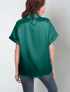 Back view of an elegant dark green satin short sleeve shirt with glossy silk-like texture