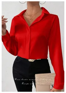 Elegant red satin long sleeve blouse for women featuring a smooth silky finish detail view