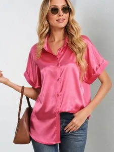 Women Satin Button Down Shirt Polyester Silk-Like Glossy Short Sleeve Loose Fit Summer Daily Commute Casual Fashion Top
